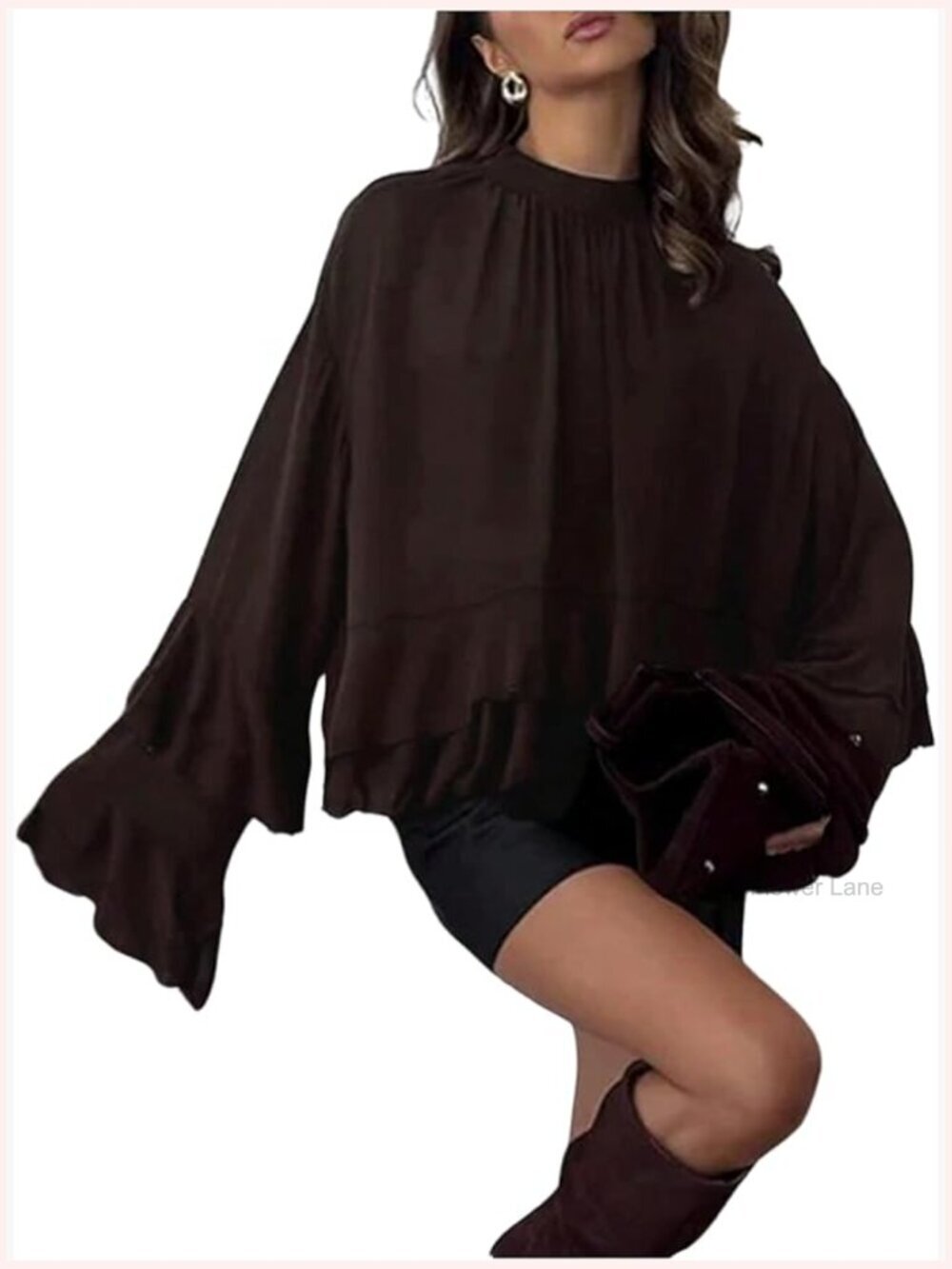 Long Sleeve Ruffle Blouse Mock Neck Asymmetrical Hem Tiered Party Top
